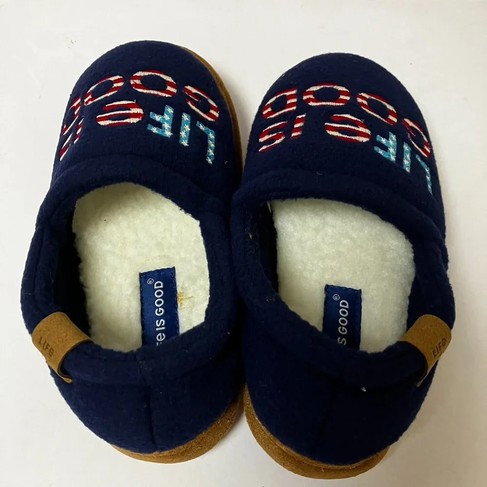 NEW Life is good Slippers Kids Embroidered USA Flag Fleece Lined